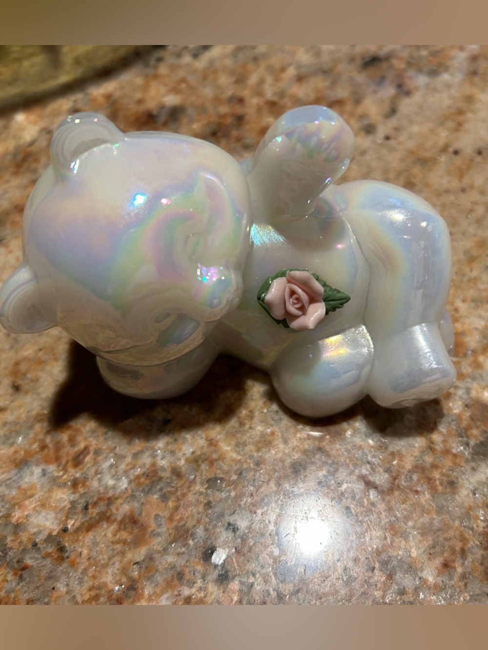 Fenton Art Glass Teddy Bear Iridescent  "Aurora Borealis" w/porcelain pink rose.